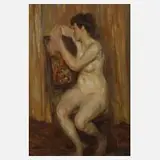 Robert Knoebel, Sitzender Damenakt, Öl auf Holztafel