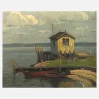 Karl Neuss, Bootshaus am See, Öl auf Leinwand auf Spanplatte