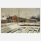 Alfred Waack, Sägewerk bei Leipzig, 1949, Öl auf Malplatte