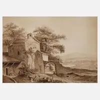 G. Ducret, Italienische Landschaft, Tuschezeichnung in Sepia