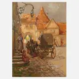 Rudolf Poeschmann, "Vor dem Gasthaus zum Storchen", Öl auf Hartfaserplatte