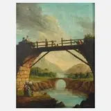 F. Polters, ruinierte Brücke am Fluss, Öl auf Malkarton