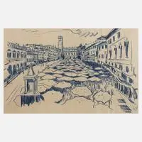 Fritz Zalisz, Italienische Stadt mit Marktplatz, Kreidezeichnung in Blau auf bräunlichem Papier