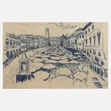 Fritz Zalisz, Italienische Stadt mit Marktplatz, Kreidezeichnung in Blau auf bräunlichem Papier
