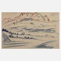 Fritz Zalisz, Vorgebirgslandschaft, Kreidezeichnung in Blau und Rot auf bräunlichem Papier