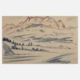 Fritz Zalisz, Vorgebirgslandschaft, Kreidezeichnung in Blau und Rot auf bräunlichem Papier
