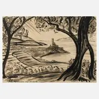 Fritz Zalisz, "Malcesine-Lago di Garda", Tuschezeichnung mit breitem Pinselduktus auf Papier