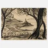 Fritz Zalisz, "Malcesine-Lago di Garda", Tuschezeichnung mit breitem Pinselduktus auf Papier