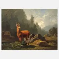 Friedrich Hohe, Rehbock am Waldesrand, Öl auf Holzplatte