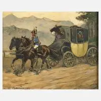 Postkutsche im Gebirge by Carl Franz Bauer, Öl auf Pappe, offered Feb 2024