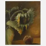 R. Metzen, Sonnenblume neben Pfirsich, Öl auf Leinwand auf Sperrholzplatte