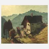 Robert Naumann, Almhütte mit Alpenpanorama, Öl auf Pressspanplatte