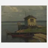 Karl Neuss, Bootshaus am See, Öl auf Leinwand auf Spanplatte