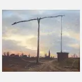 Edita-Elena Petitjean, Landschaft mit Ziehbrunnen, Öl auf Malplatte