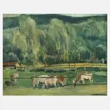 J. Pieper, Sommerliche Weide mit grasenden Kühen, Öl auf Leinwand