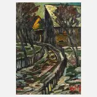 Fredo Bley, Verschneite vogtländische Dorfstraße, Öl auf Hartfaserplatte
