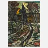 Fredo Bley, Verschneite vogtländische Dorfstraße, Öl auf Hartfaserplatte
