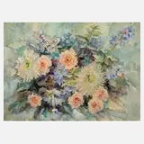 Georg Nerlich, Nelken, Chrysanthemen, Rittersporn, 1975, Aquarell über Graphit auf leichtem Karton