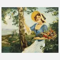 Leopold Illencz, Mädchen unter Birken, Öl auf Leinwand und Keilrahmen
