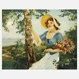 Leopold Illencz, Mädchen unter Birken, Öl auf Leinwand und Keilrahmen