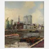 Pariser Impression, Notre Dame vom Seineufer, Öl auf strukturiertem Malkarton