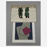 Zwei Graphiken by Peter und Uta Zaumseil, Farbholzschnitt auf hellgrauem Bütten mit Text als Buchseite zu Inger Christensen, offered Mar 2024