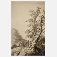 Jakob Philipp Hackert, Alter Baum am Wegesrand, Tuschezeichnung in Schwarz und Sepia auf Büttenkarton