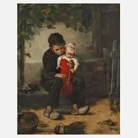 Emil Strecker, "Junge spielt mit Kind", 1877, Öl auf Leinwand