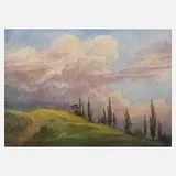 Bernhard Eyb, Pappeln in Sommerlandschaft, 1937, Aquarell auf weiß grundierter Leinwand