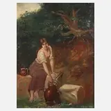 L. Kraus, Mädchen am Brunnen, 1904, Öl auf Karton