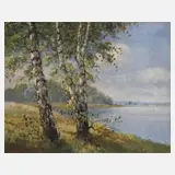 Mewe, Birken am See, Öl auf Karton