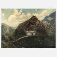 T. Miltz, Schwarzwaldhaus im Frühling, Öl auf Leinwand