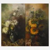 M. Unger, Paar prächtige Blumenstillleben, Federchrysanthemen und bauchige Tonvase mit Sonnenblumen