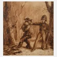 Victor de la Croix, der Holzdieb, Tuschezeichnung in Camaieu-Technik in Sepia auf Papier
