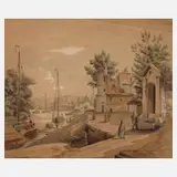 Theodor Alt, "An der Moldau-Prag Carolinenthal", Aquarell und Deckweiß über Bleistift