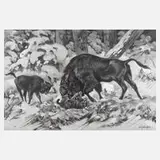 Erich Dichtl, "Wisent im Kampf mit Luchs", Temperamalerei auf Karton