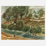 Vladimir Firsov, Badende in russischer Dorflandschaft, Gouache auf Malpapier