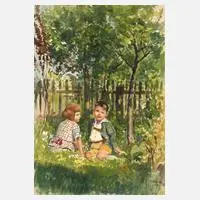 Rudolf Köselitz, Geschwister im Garten, 1920, Mischtechnik