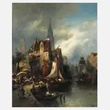 Stadthafen in romantischer Stadtkulisse by Heinrich Hiller, Öl auf Leinwand, offered Sep 2024