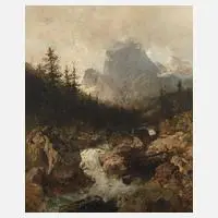 Wilhelm Velten, Jäger am Sturzbach, Öl auf Leinwand