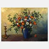 Ove Svenson, Blumenstillleben mit Kerze, Öl auf Leinwand