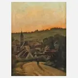 Jules Guerin, Wanderer vor dörflicher Abendkulisse, Öl auf Leinwand