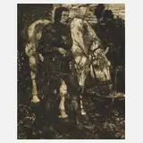 Fritz Boehle, Rastender Ritter, 1892, Radierung in Dunkelgrün auf gewalztem Chinapapier