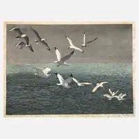Hans Frank, Möwen auf hoher See, Farbholzschnitt auf Japanpapier
