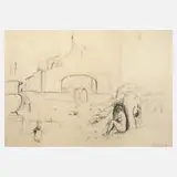 Karl Korab, "Stadtlandschaft mit Akten", Tusche auf Papier