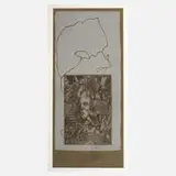 Wolfgang Böttcher, Figurative Komposition, Kupferstich mit einer dichten Komposition aus zahlreichen Versatzstücken und hierauf halbtransparenter Linolschnitt mit der Silhouette eines Kopfes