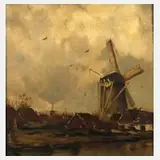Martinius Leonardus Middelhoek, Windmühlen am Fließ, Öl auf Leinwand und Sperrholzplatte