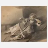 Ludwig Elsholtz, Mädchen mit spielenden Katzen, 1848, Zeichnung mit schöner Lichtführung