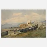 S. Koenig, Fischerboote an südlicher Küste, Aquarell