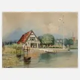 Willi Eplinius, Bootshaus an der Havel, Mischtechnik
